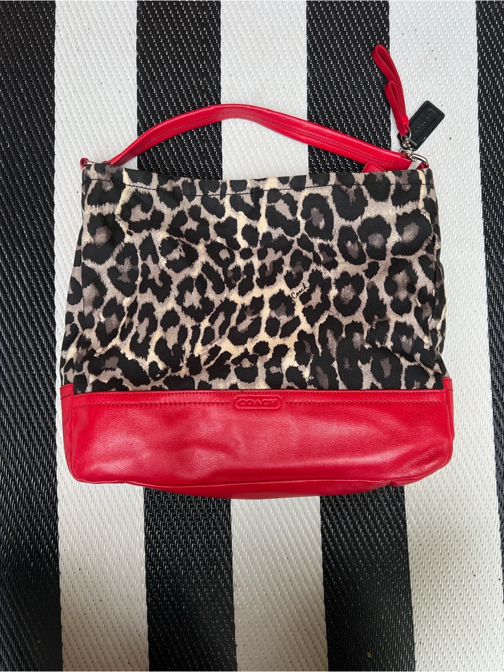 Coach Leopard Print Canvas Shoulder Bag with Red Leather Trim